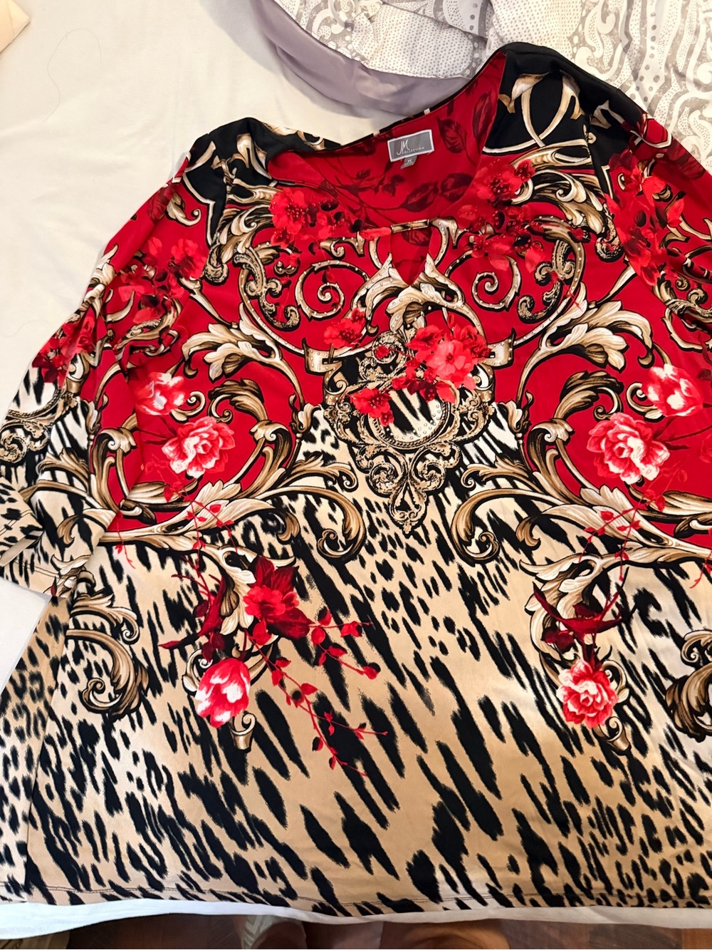 JM Collection Red and Black Floral-Print Tunic